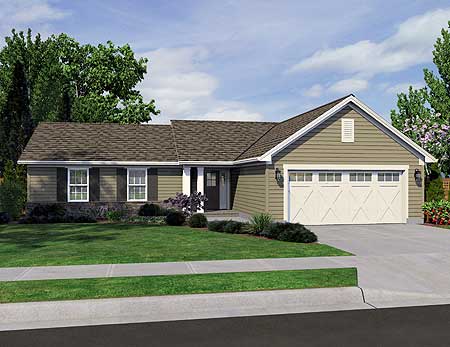 Ranch house plan exterior with a side-entry garage, front porch, and gable dormer.