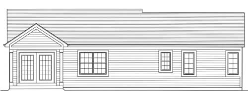 House plan exterior drawing: one-story ranch with double-door entry under gable, multiple windows, and sloped roofline.