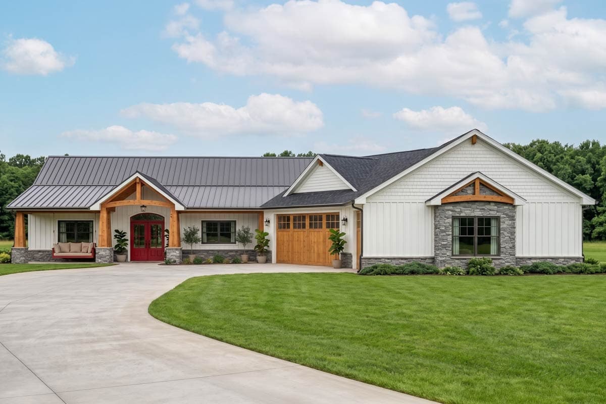 Plan image - 135450GRA:New American Ranch House Plan with 3-Car Garage and Sunroom