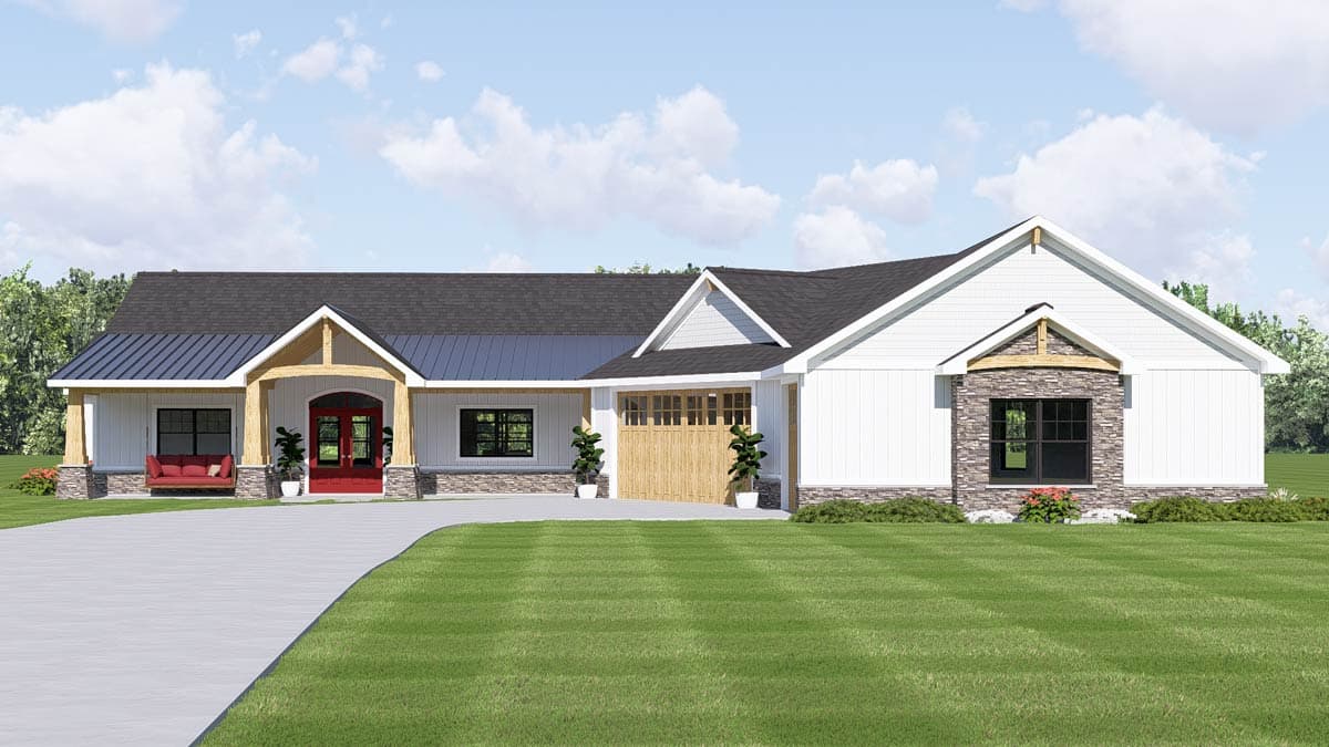 Plan 135450GRA: New American Ranch House Plan with 3-Car Garage and Sunroom - Image #2 - Country, Craftsman, Farmhouse, New American, Ranch