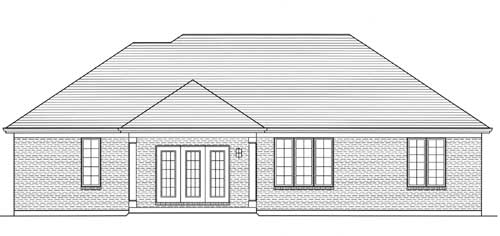 Rear elevation drawing of a one-story house plan with double doors, multiple windows, and a sloped roof.