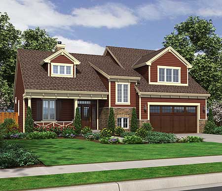 House plan exterior, two-story home with front porch, dormers, gables, stone accents, and a side-entry garage.