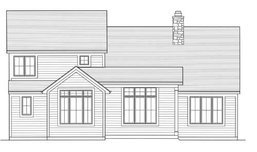 House plan exterior elevation with gabled entryway, varied window sizes, and stone chimney.