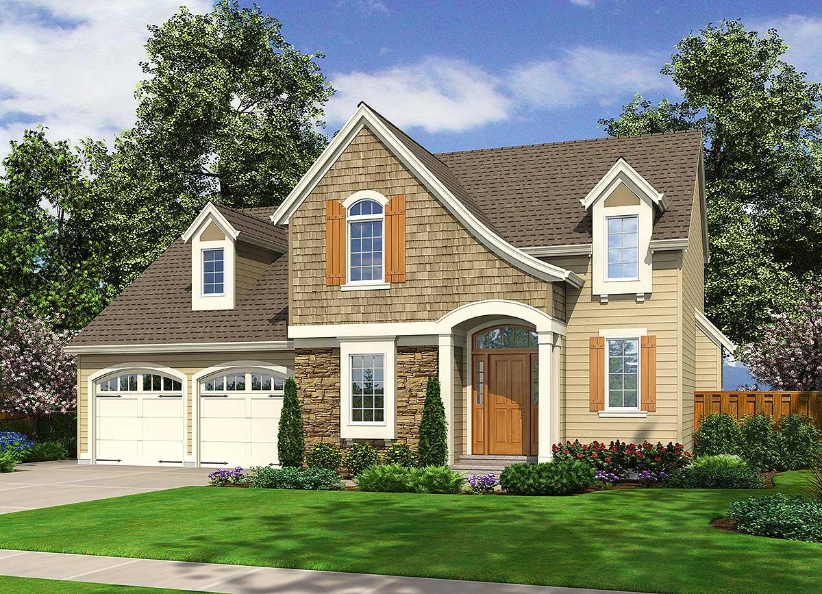 House plan exterior: Two-story home with dual garage doors, arched entry, stone accents, dormers, and shake siding.
