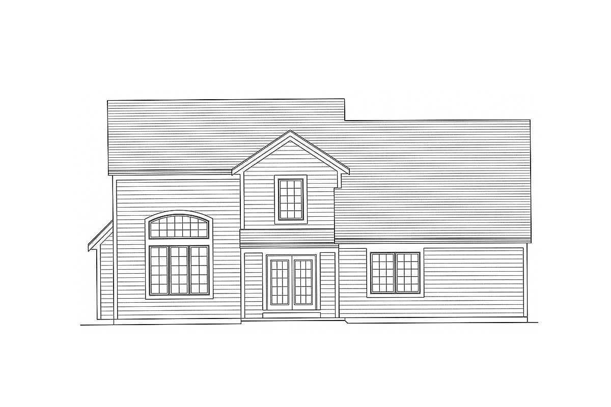 House plan exterior drawing of a two-story home with a gable, arched window, and double doors.