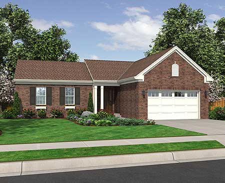 House plan exterior: One-story brick home with a covered entry, gable end with decorative vent, and attached two-car garage.