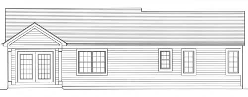 House plan side elevation drawing shows a one-story structure with double doors, a gable, and multiple windows.