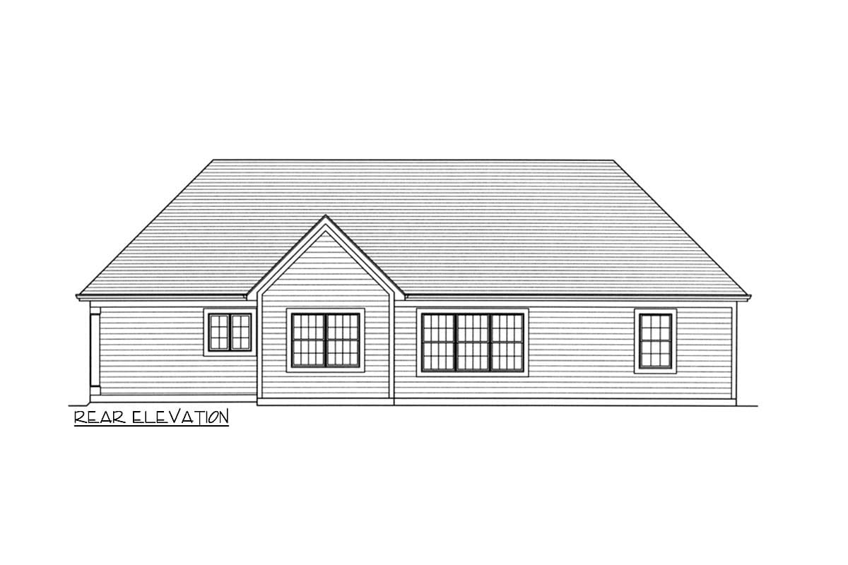 Rear elevation drawing of a single-story house plan featuring horizontal siding, multiple windows, and a prominent gable.