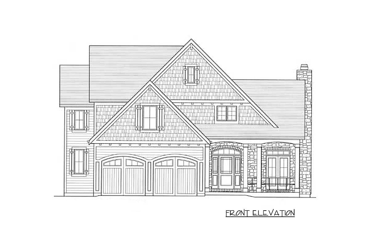 Front elevation of a house plan featuring a two-car garage, stone accents, arched windows, and a prominent gable.