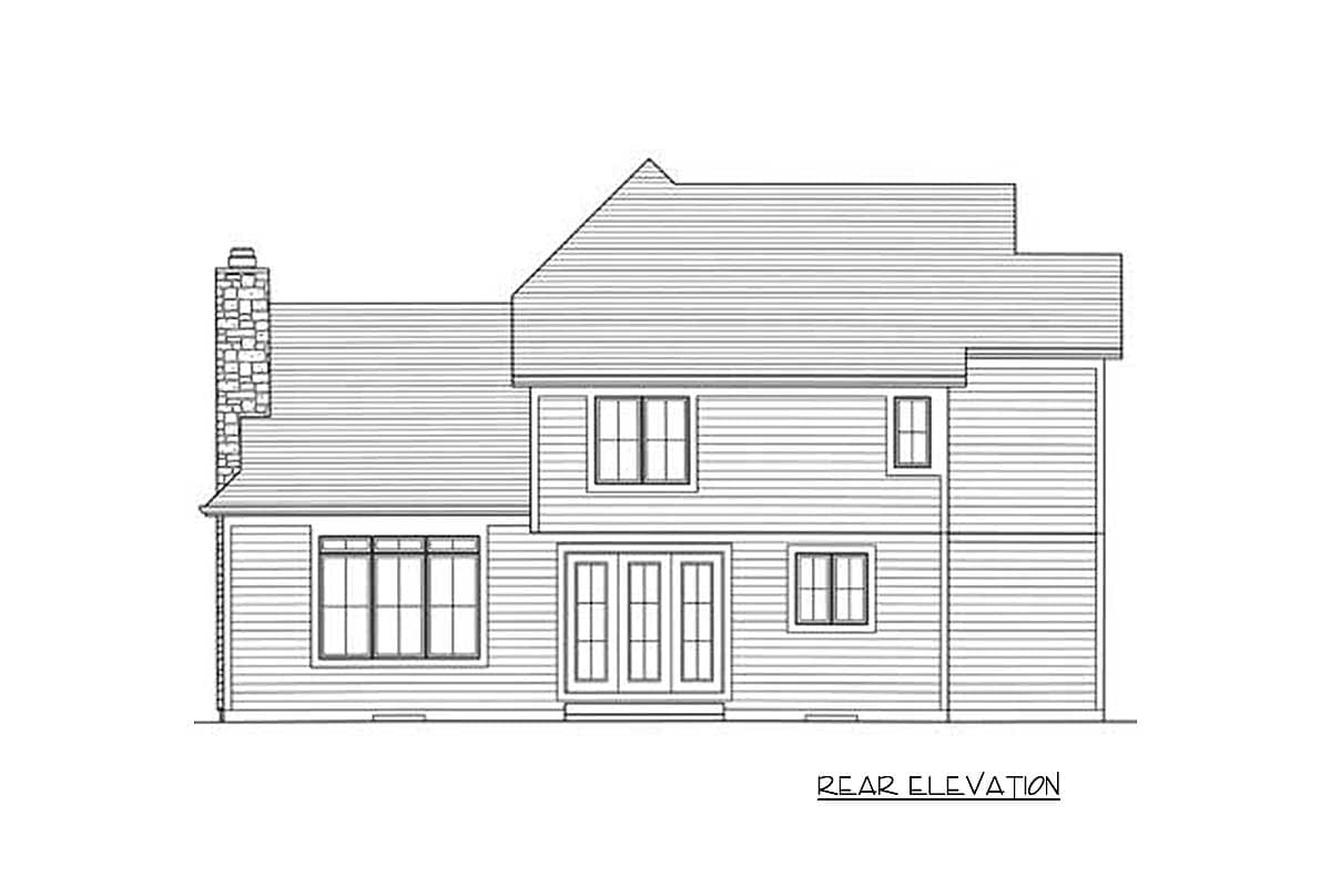 Rear elevation drawing of a two-story house with a prominent stone chimney, multiple windows, and double doors.
