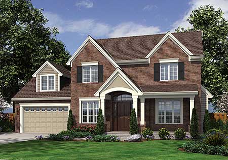 Two-story brick house plan exterior with gabled dormer, arched entry, and side-facing garage.