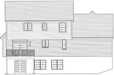 House plan exterior drawing shows a two-story home with brick lower level, siding upper level, balcony, and double doors.