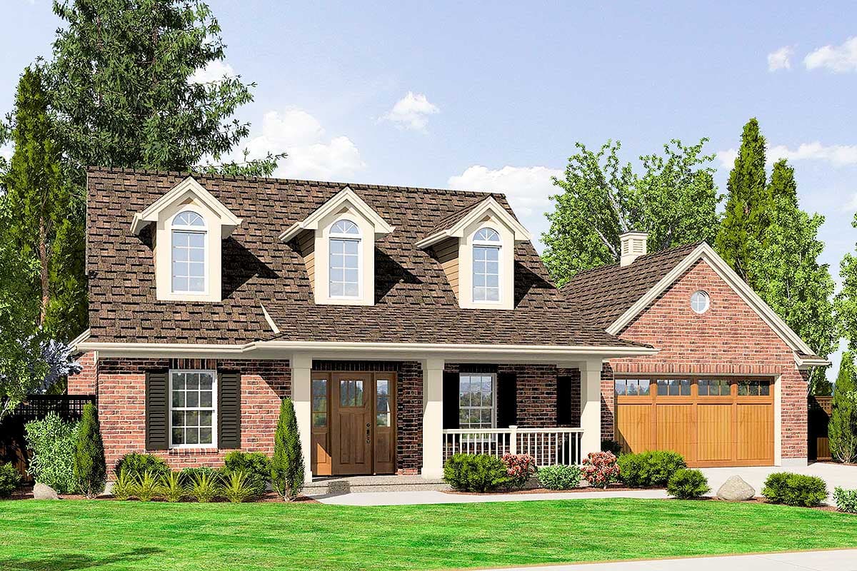 House plan exterior: Brick two-story with dormers, covered porch with columns, and attached garage.