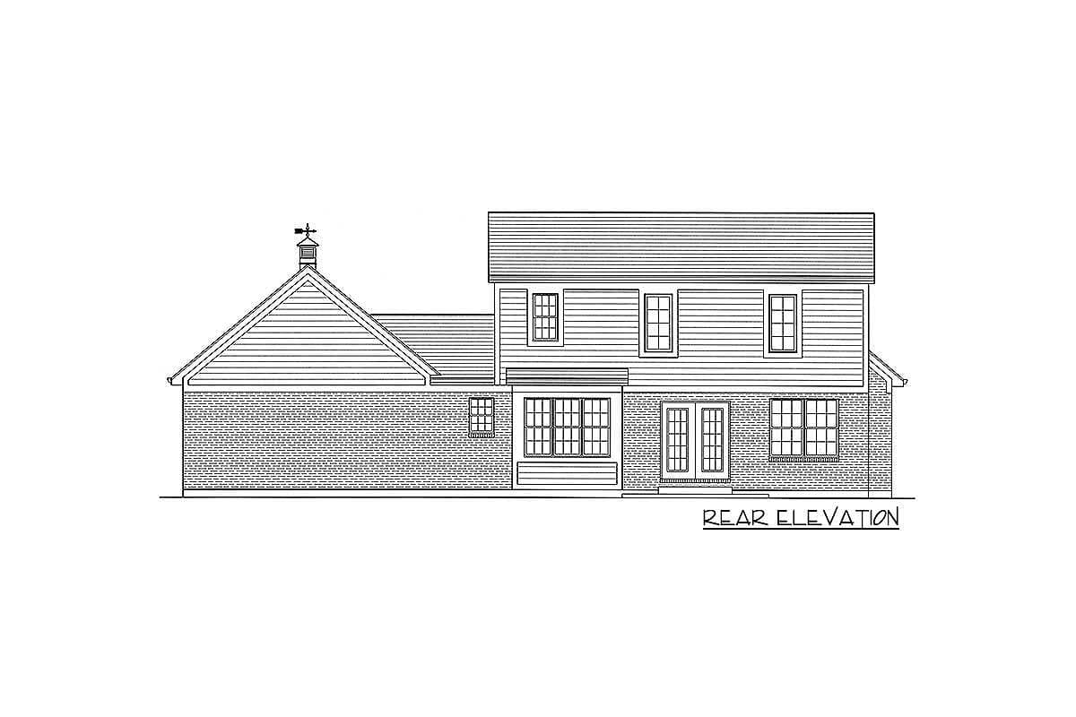 Rear elevation drawing of a two-story house with gabled roof sections, brick base, and varied window configurations.