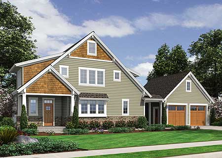 Two-story house plan exterior with shingle accents, covered porch, bay window, and attached two-car garage.