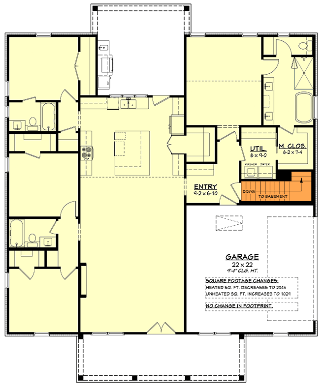 Plan 52051HZ: Charming Farmhouse House Plan with Four Bedrooms and Spacious Porch - Floor Plan - Main Floor - Basement Stairs Location - Country, Craftsman, Farmhouse, Traditional