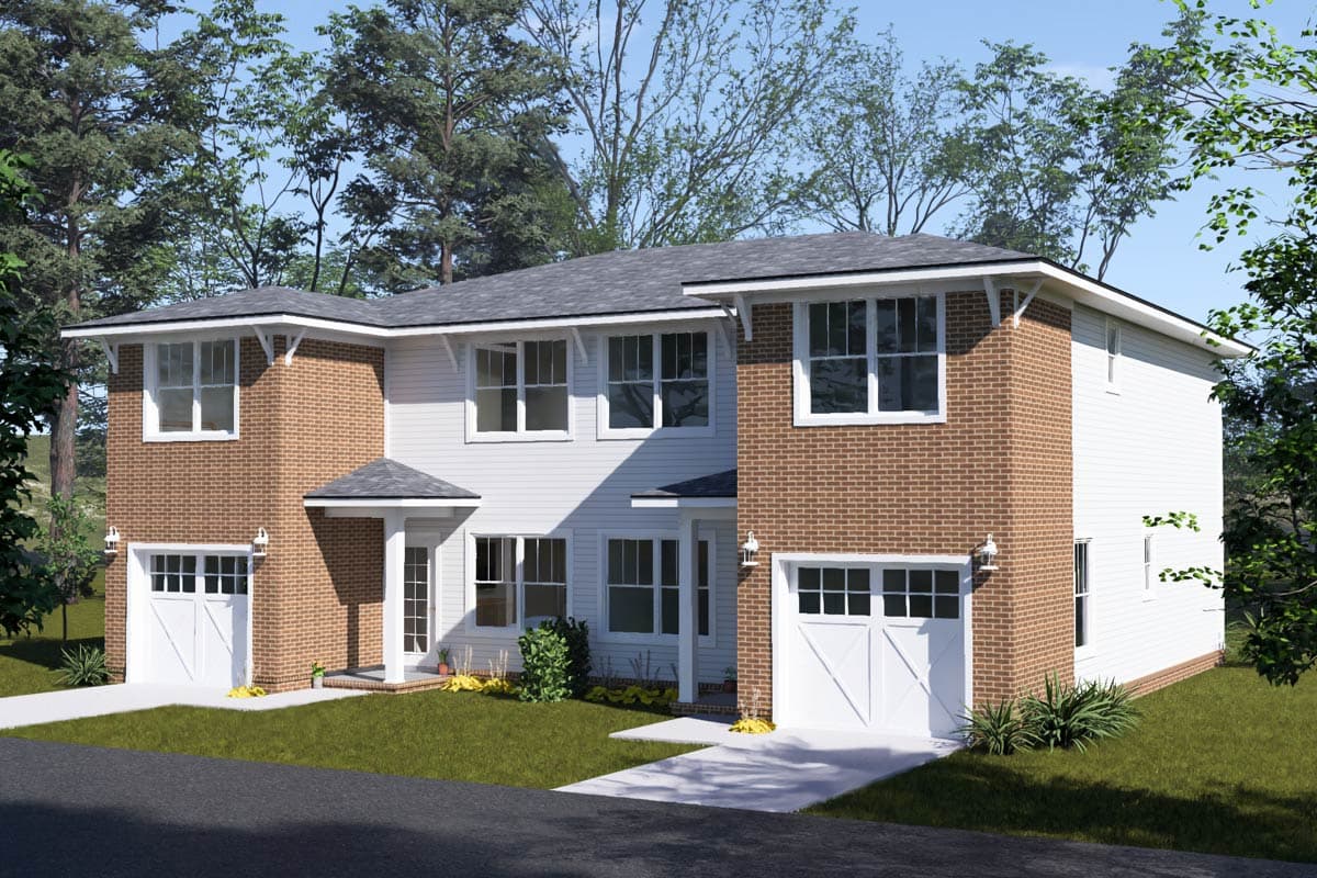Plan 52566WM: Traditional Three Bedroom Duplex House Plan with Private Garages - Image #2 - Traditional