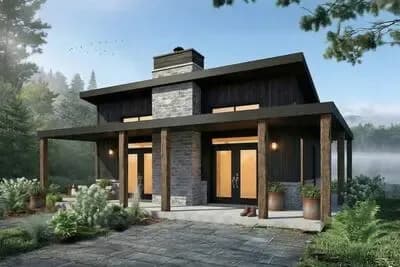 Modern Cabin House Plan with Two Bedrooms and Wraparound Porch