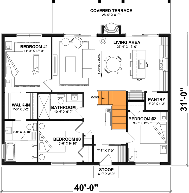 Plan 22752DR: Modern Cabin House Plan with 3 Bedrooms and 1,240 Square Feet - Floor Plan - Main Level - Basement Stairs Location - Cabin, Contemporary, Modern, Mountain, Vacation