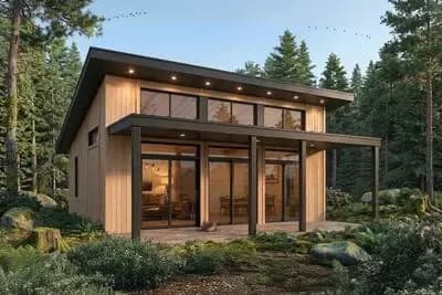 Modern Mountain Cabin House Plan with Two Bedrooms and Open Layout