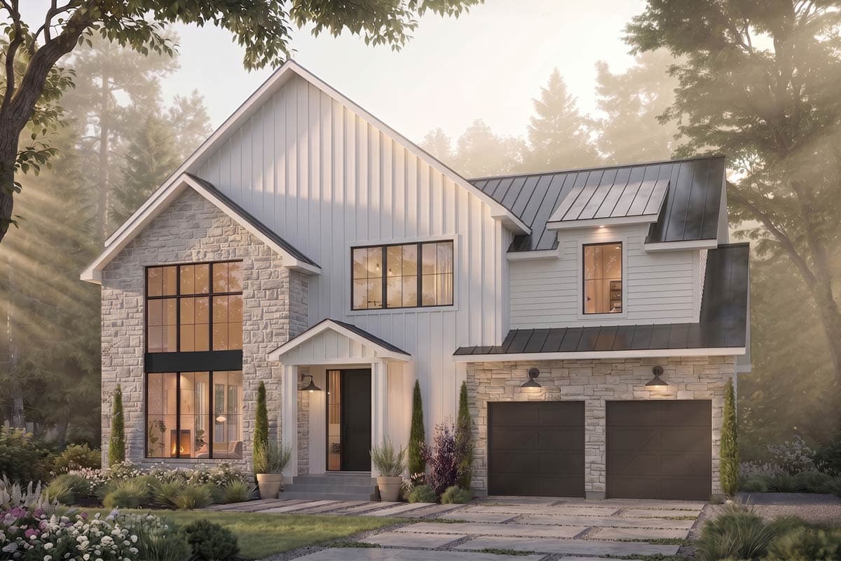 Plan 22761DR: Modern Farmhouse House Plan with 3 Bedrooms and Two-Story Great Room - Image #1 - Farmhouse, Modern Farmhouse