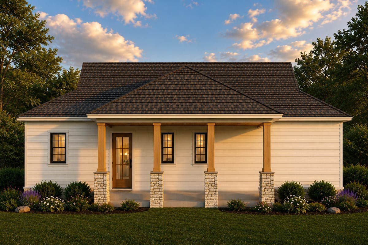 Plan 70979MK: Two-Bedroom Farmhouse House Plan with Split Bedroom Layout - Image #2 - Farmhouse, Mountain, New American