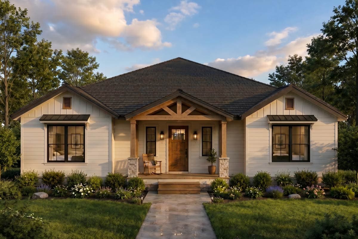 Plan 70979MK: Two-Bedroom Farmhouse House Plan with Split Bedroom Layout - Image #1 - Farmhouse, Mountain, New American