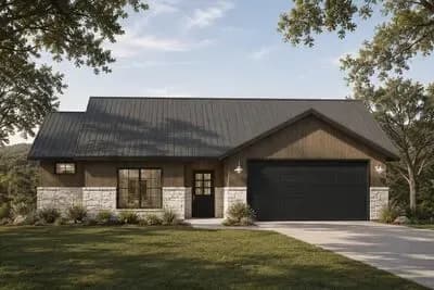 Three Bedroom Farmhouse House Plan with Two Car Garage