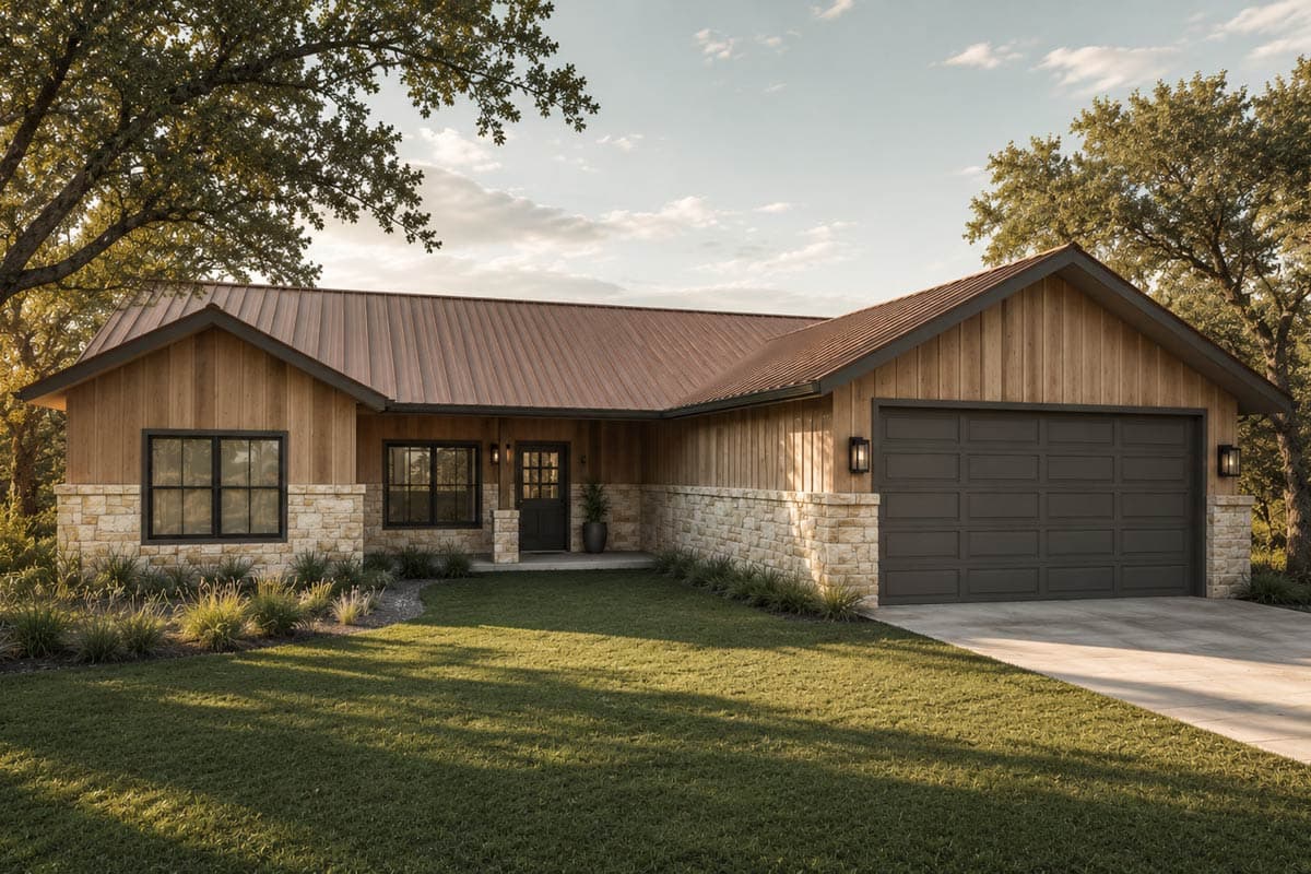 Plan image - 150032HRP:Three Bedroom New American Ranch House Plan with Two-Car Garage
