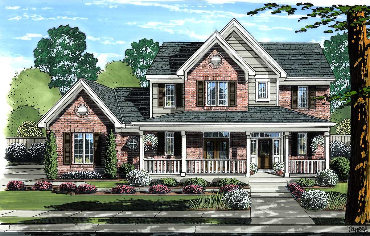 House plan exterior: Two-story brick home with full wrap-around porch, multiple gables, and varied rooflines.