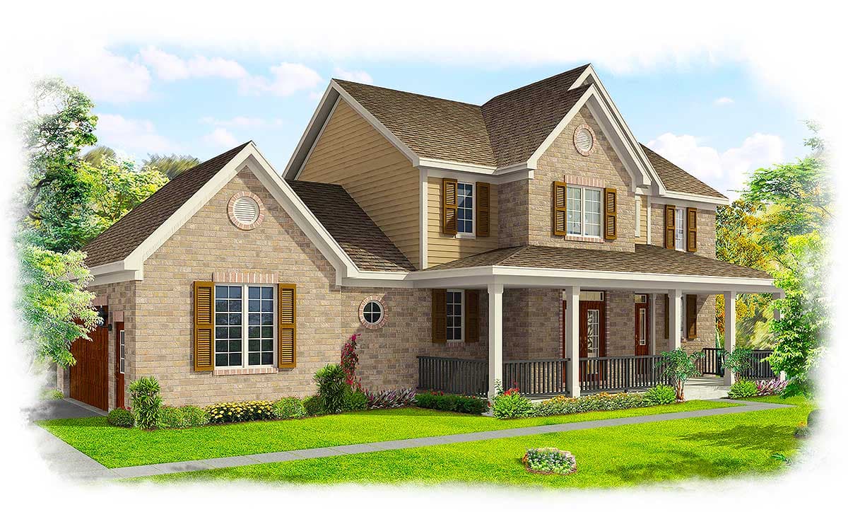 Two-story house plan exterior with brick facade, gabled rooflines, dormers, and a wraparound porch.