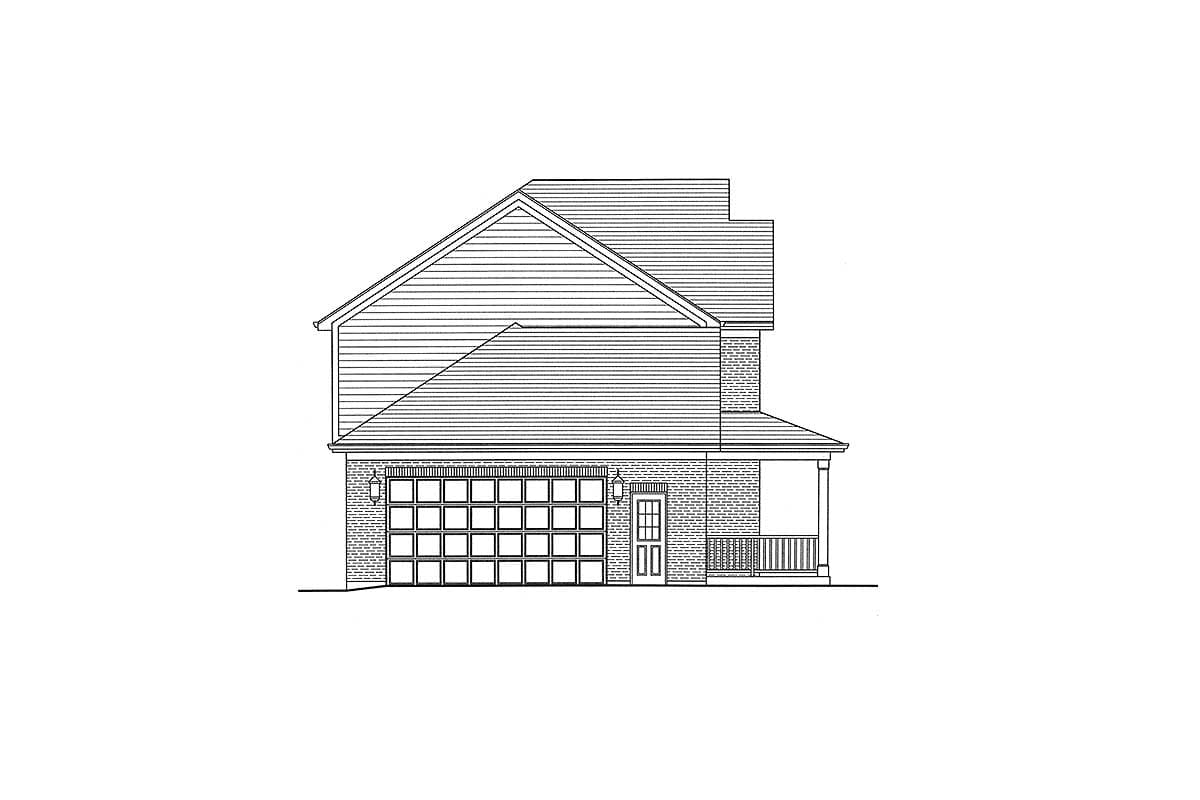 House plan exterior: Two-story home with attached garage, gable roof, front door, and covered porch.