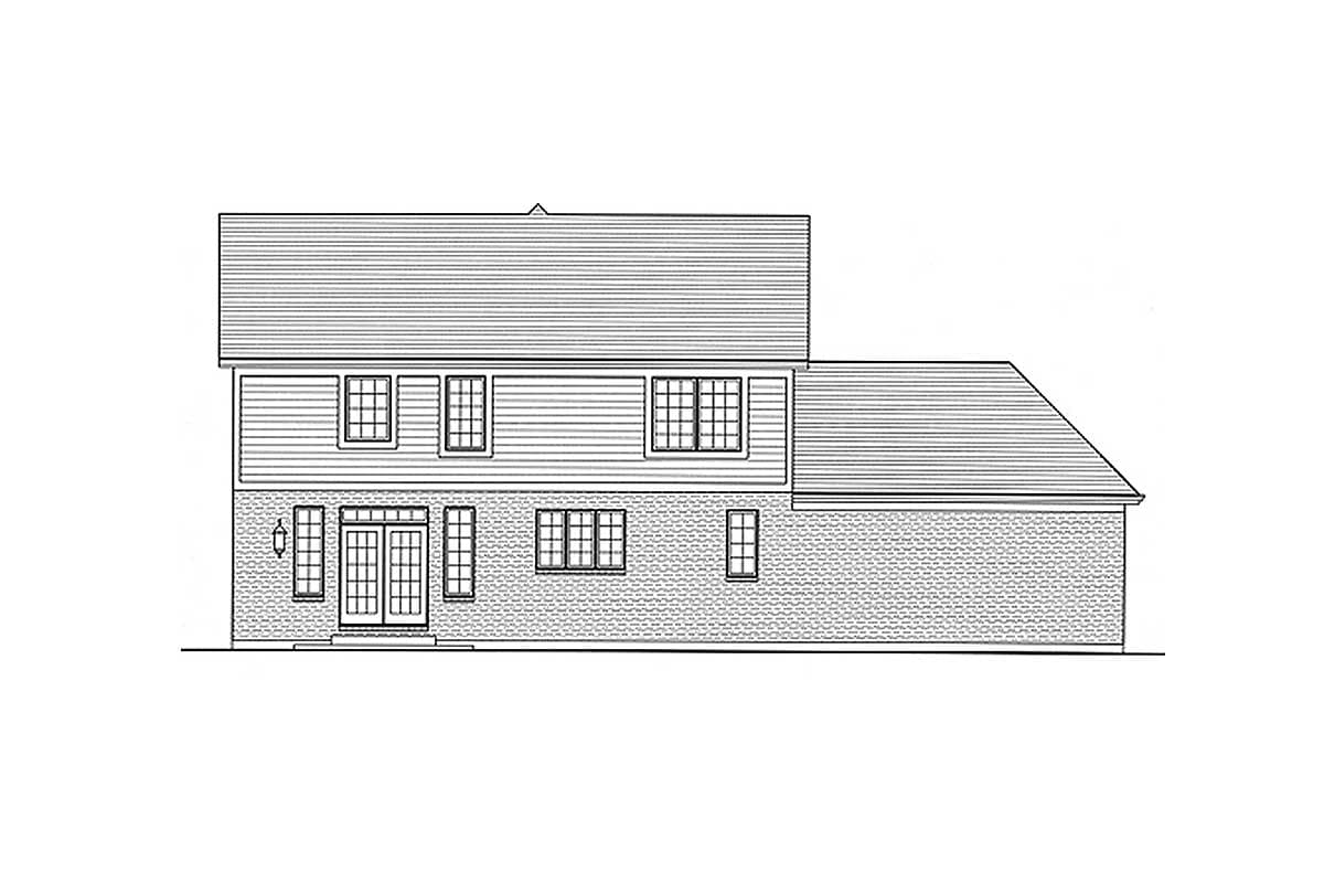 House plan exterior, two stories, brick first level, siding second level, double entry doors, and multi-pane windows.