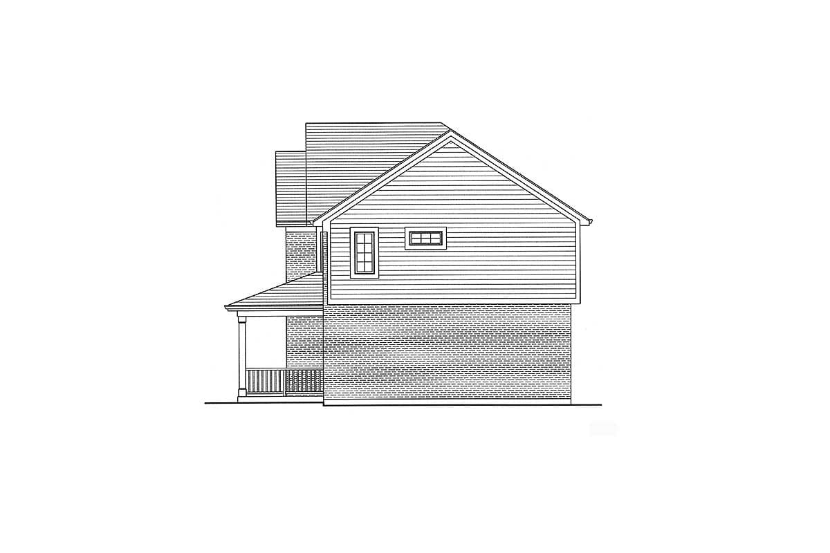 House plan exterior, two stories, brick base, siding upper level, gabled roof, dormer, porch.