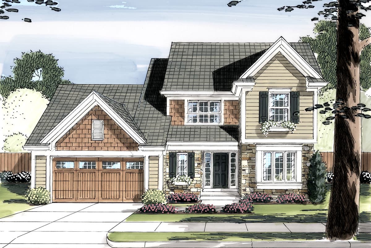 House plan exterior: Two-story home with gabled dormers, a front-facing garage, and mixed siding materials.
