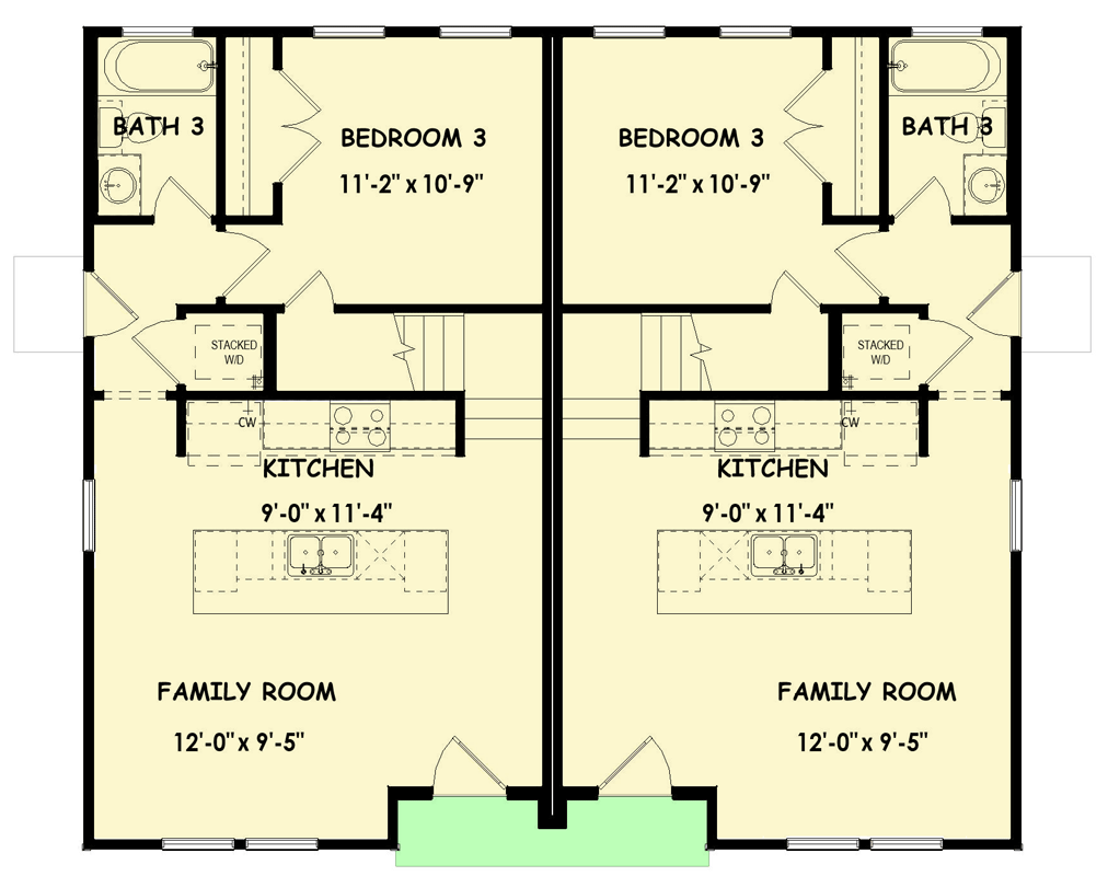 Plan 100375GHR: Transitional Two-Unit Multifamily House Plan with Three Bedrooms Per Unit - Floor Plan - Mian Level - Contemporary, Transitional