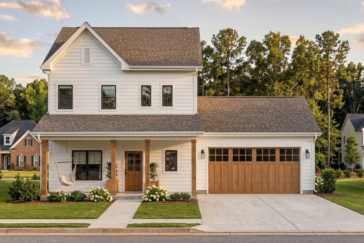 Two-Story Farmhouse House Plan with Three Bedrooms and Two-Car Garage