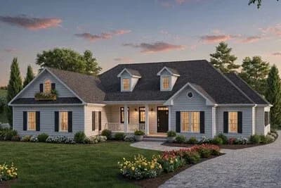 Country Ranch House Plan with Four Bedrooms and Side-Entry Garage