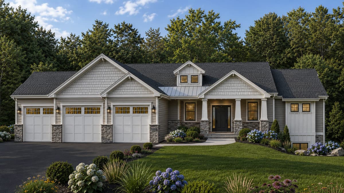Plan 849117PGE:  New American House Plan with 2 Bedrooms and 3-Car Garage - Image #2 - Craftsman, Modern Farmhouse, Mountain, New American, Northwest, Rustic, Traditional