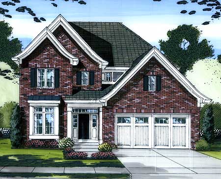 House plan exterior: two-story brick home with prominent gables, dormer, and a three-car garage.