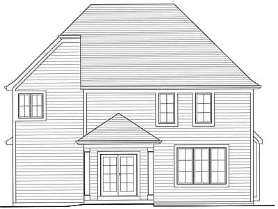 House plan exterior drawing showing a two-story home with a central gabled entry, double doors, and multi-pane windows.