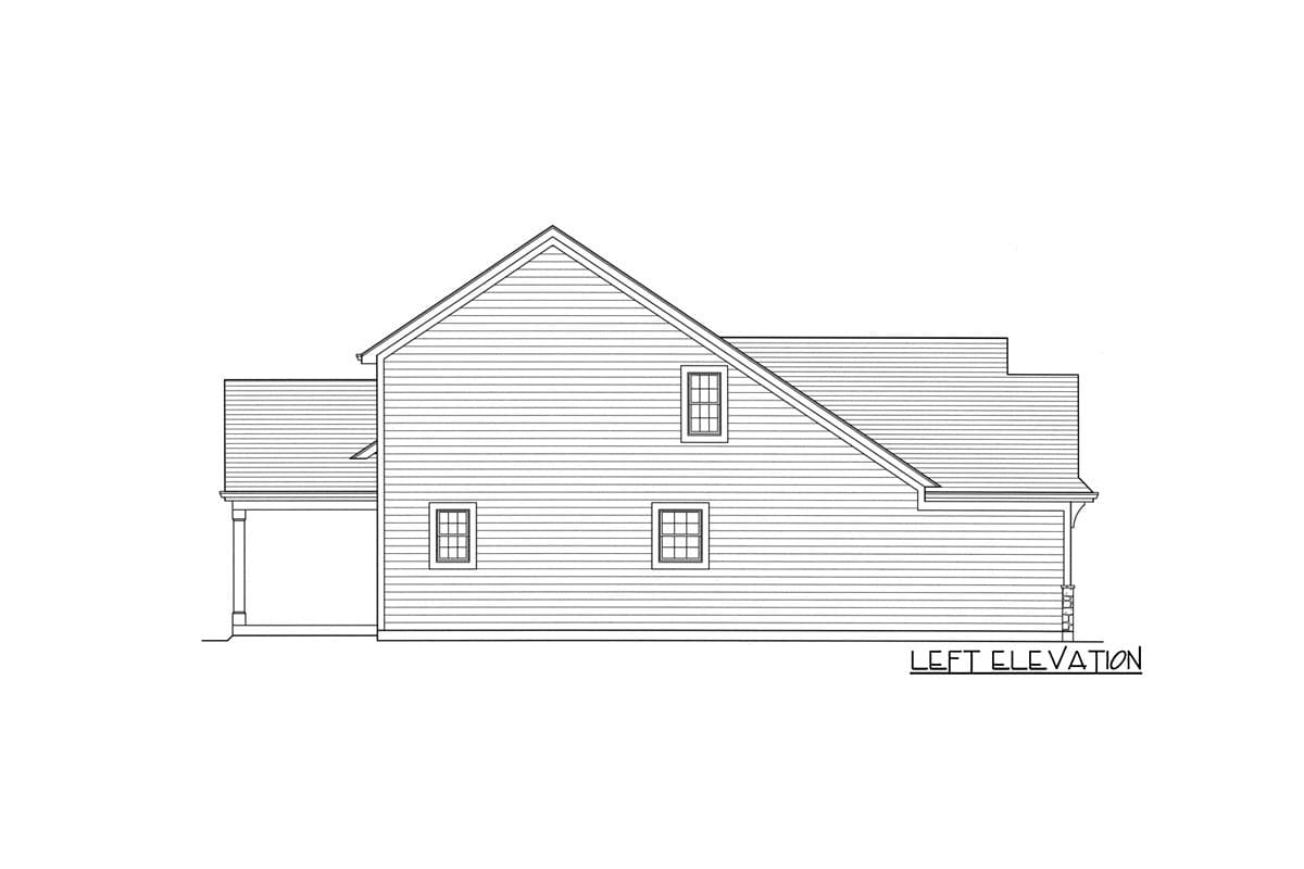 Left elevation drawing of a house plan, showing a covered porch on the left and multiple windows on the side.