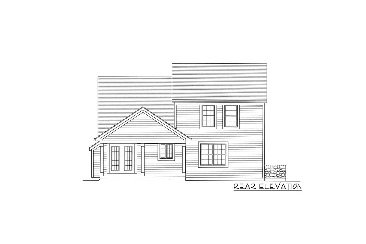 Rear elevation house plan with covered porch, double doors, and varied window sizes.