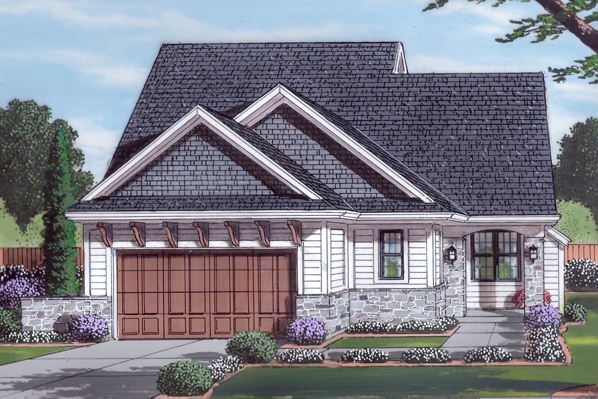 House plan exterior: Two-story Modern Farmhouse with front-entry garage, stone accents, multiple gables, and arched porch.