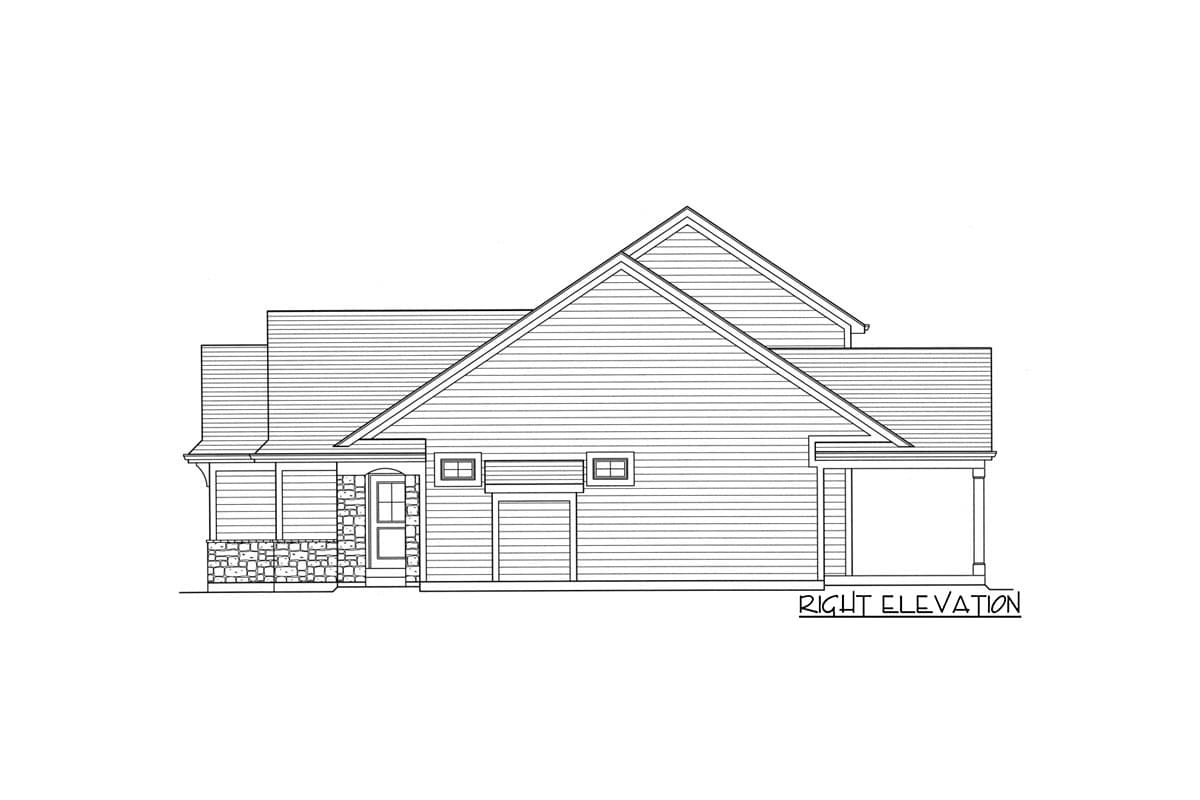 Right elevation drawing of a house plan featuring a partial stone porch, two garage doors, and a covered rear porch.