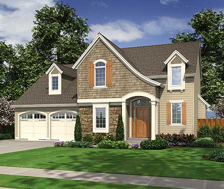House plan exterior: Two-story home with dual garage, arched entryway, dormers, and varied siding.