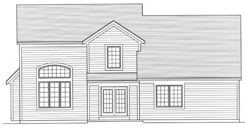 House plan exterior drawing with a multi-story design, featuring a prominent arched window, double doors, and varied rooflines.