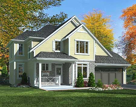 House plan exterior: Two-story home with gables, covered porch, stone accents, and attached side garage.
