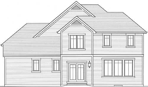 House plan exterior: two-story, hip roofline, gabled dormers, double front entry doors, and multiple windows.