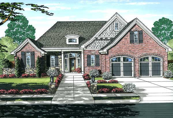 House plan exterior: one-story brick home with a covered entrance, gabled dormer, shingle siding accents, and a side-facing three-car garage.